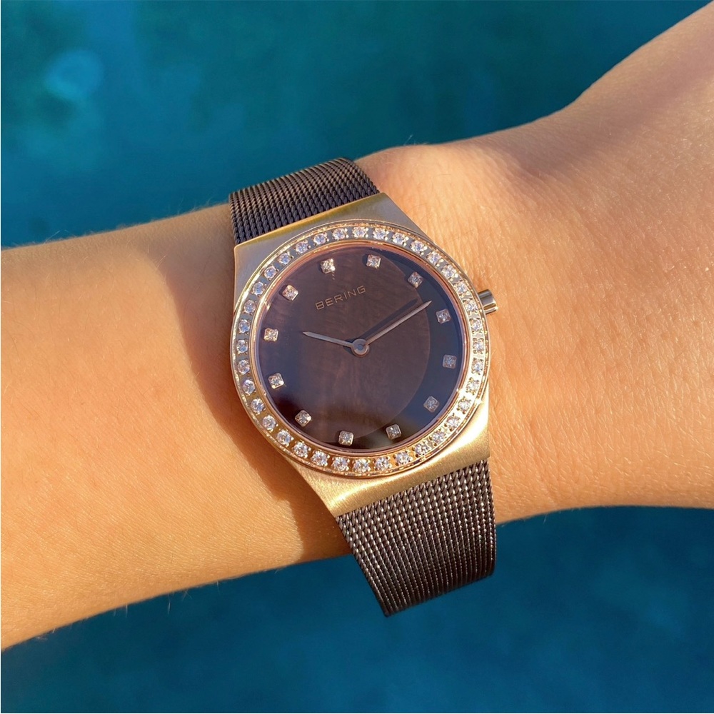 Stainless steel Bering classic 26mm brown & rose gold polished mesh watch womens
